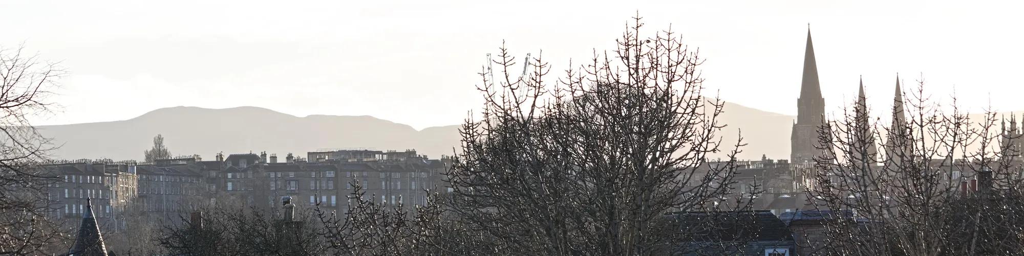 The skyline of Edinburgh in winter. Spires are visible in the distance with trees in the foreground