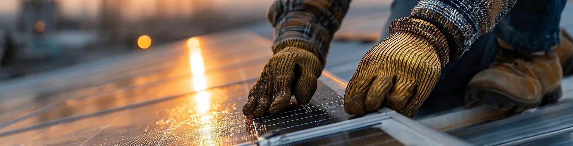 A person wearing work gloves is fixing solar panels on top of a roof. The sun is setting