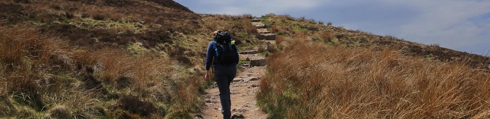A woman with a backpack walks away from the camera up a mountain path