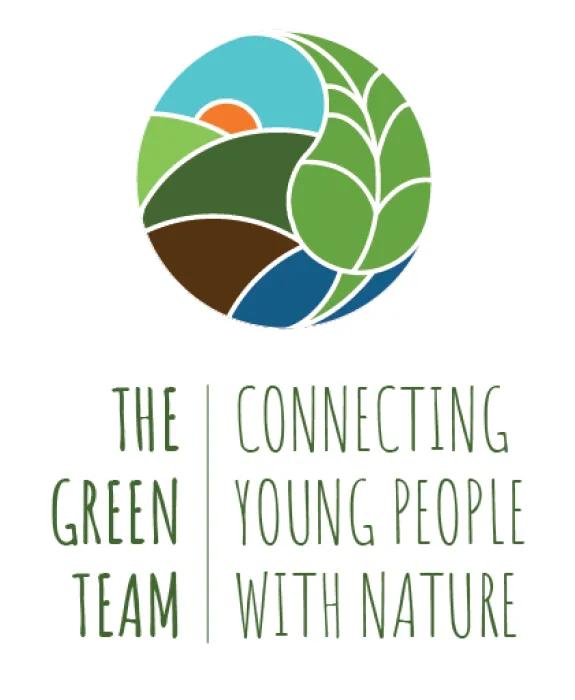 A logo with a leaf in front of rolling hills and a sunset. The text reads: The green team, connecting young people with nature